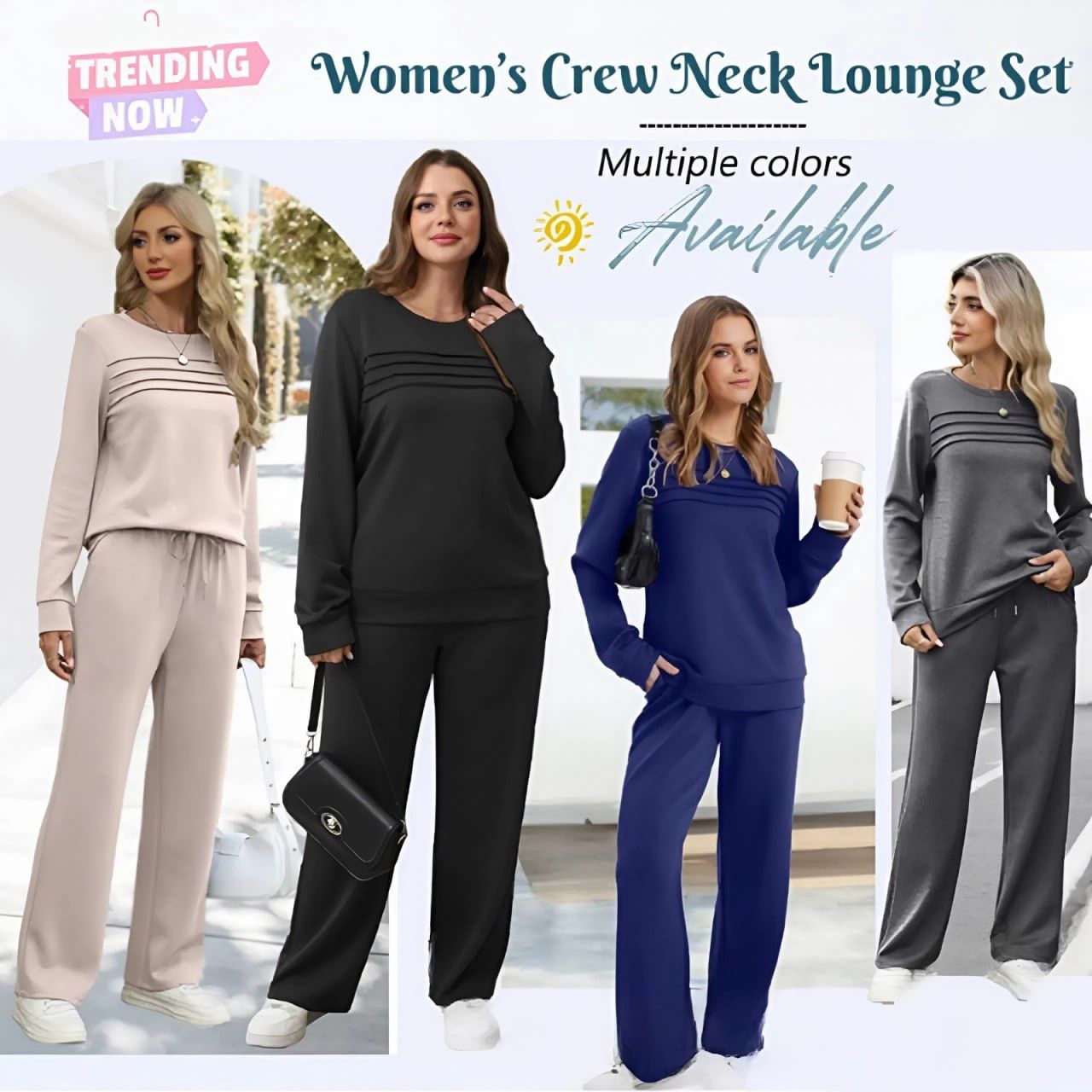 🔥LAST DAY 45% OFF✨Women’s Crew Neck Lounge Set - Soft Cotton Top & Drawstring Pants